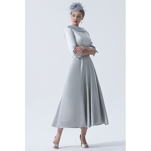

A-Line Mother of the Bride Dress Plus Size Elegant Vintage Bateau Neck Tea Length Satin 3/4 Length Sleeve with Beading 2021