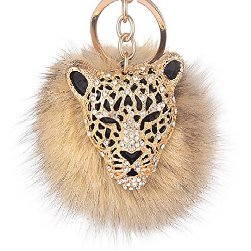 

leopard with natural fox fur pom pom keychain for women ball bag charm