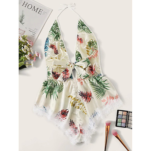 

Women's Lace Bow Print Bodysuits Nightwear Floral Patchwork Beige One-Size