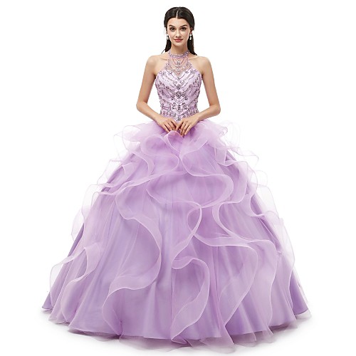 

Ball Gown Luxurious Elegant Quinceanera Formal Evening Dress Halter Neck Sleeveless Floor Length Organza with Crystals 2021