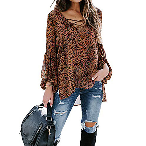 

Women's Blouse Shirt Leopard Cheetah Print Long Sleeve Asymmetric Print V Neck Tops Basic Basic Top White Black Brown