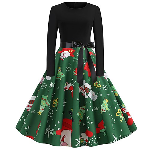 

Women's Swing Dress Maxi long Dress White Black Green Long Sleeve Print Lace up Print Fall Round Neck Casual Christmas 2021 S M L XL XXL