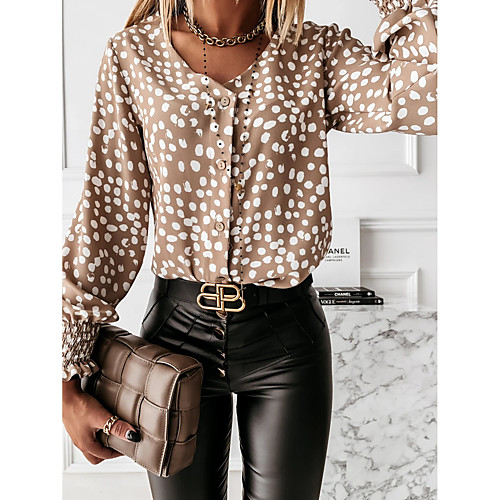 

Women's Blouse Shirt Polka Dot Long Sleeve Pleated Print V Neck Tops Basic Basic Top Black Khaki Brown