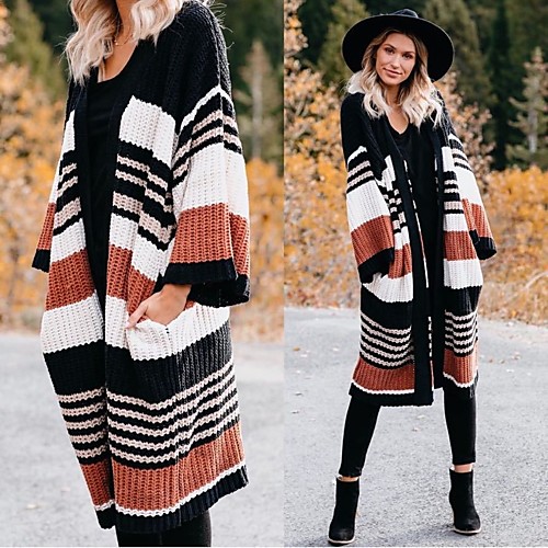 

Women's Basic Knitted Color Block Cardigan Long Sleeve Loose Sweater Cardigans V Neck Fall Winter Black