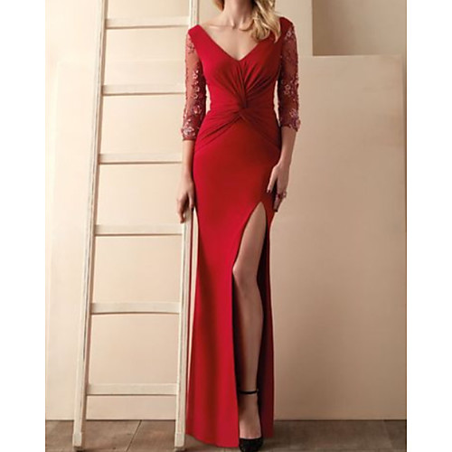 

Mermaid / Trumpet Sexy Floral Wedding Guest Formal Evening Dress V Neck 3/4 Length Sleeve Sweep / Brush Train Spandex with Draping Split Appliques 2021