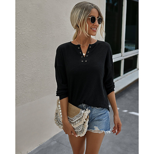 

Women's Blouse Shirt Solid Colored Long Sleeve V Neck Tops Basic Basic Top White Black Camel