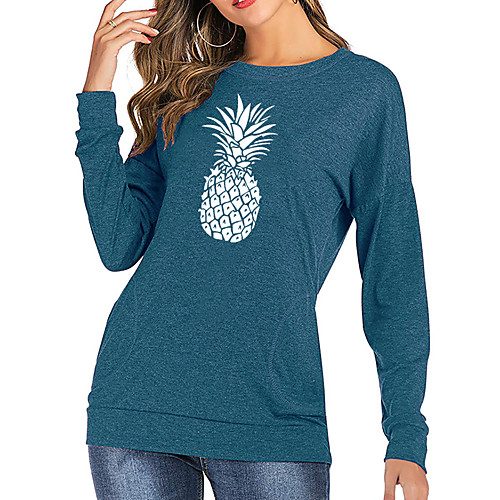 

Women's T shirt Fruit Long Sleeve Print Round Neck Tops Cotton Basic Basic Top Black Blushing Pink Green