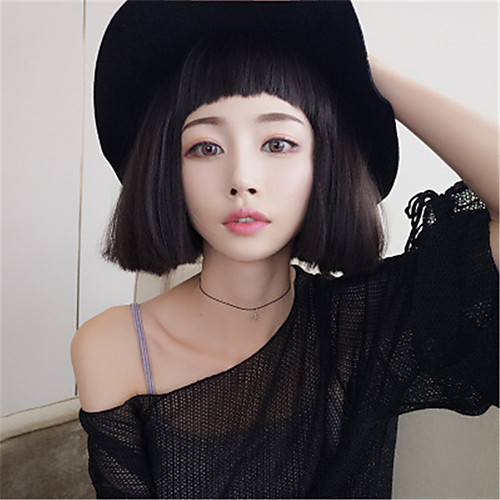 

Synthetic Wig kinky Straight Bob With Bangs Wig Short Black Synthetic Hair 14 inch Women's Soft Classic Exquisite Black