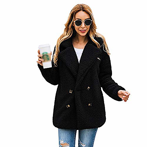 

women's fleece jacket fuzzy open front cardigan long sleeve jacket coat winter outwear with pockets (black,m)