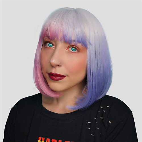 

Cosplay Costume Wig Synthetic Wig Ombre Natural Straight Silky Straight Bob With Bangs Wig Short Rainbow Synthetic Hair 16 inch Women's Cosplay Fashion Ombre Hair Ombre Mixed Color EMMOR