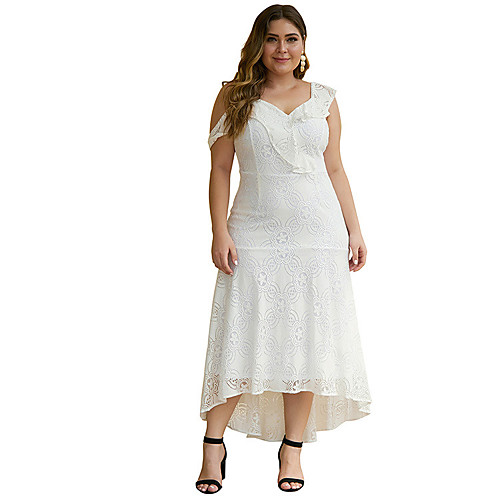 

Women's A Line Dress Maxi long Dress White Black Sleeveless Solid Color Backless Ruffle Lace Spring V Neck Sexy 2021 XL XXL 3XL 4XL 5XL