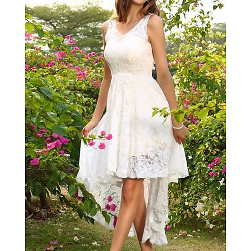 

A-Line Maxi Sexy Homecoming Cocktail Party Dress V Neck Sleeveless Asymmetrical Lace with Appliques 2021