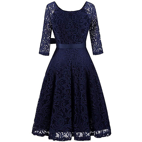

Women's Swing Dress Knee Length Dress Black Blushing Pink Wine Navy Blue Gray 3/4 Length Sleeve Solid Color Lace Patchwork Fall Spring Round Neck Hot Elegant 2021 S M L XL XXL