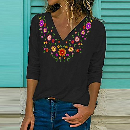 

Women's T-shirt Floral Flower Long Sleeve Print V Neck Tops Cotton Basic Basic Top White Black Blue