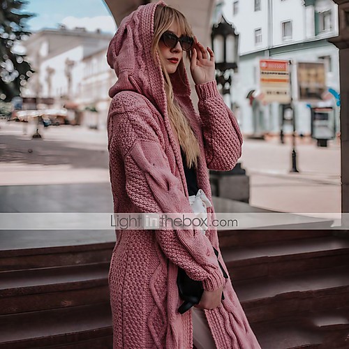 

Women's Cardigan Knitted Braided Solid Color Casual Chunky Long Sleeve Loose Sweater Cardigans Hooded Fall Winter Blushing Pink Black Brown / Going out