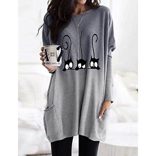 

Women's T Shirt Dress Tee Dress Knee Length Dress Cat Graphic Long Sleeve Print Patchwork Print Fall Hot Casual 2021 Blue Purple Blushing Pink Gray S M L XL XXL 3XL 4XL 5XL