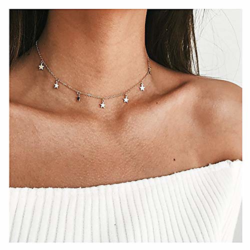 

2pcs star choker necklace set dainty gold and silver star tassel chain pendant statement necklace collar for women girls