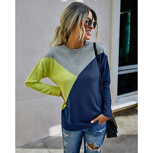 

Women's Basic Color Block Pullover Acrylic Fibers Long Sleeve Sweater Cardigans Crew Neck Round Neck Fall Winter Blue Orange