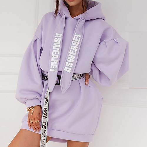 

Women's Sweater Jumper Dress Short Mini Dress Purple Long Sleeve Solid Color Print Fall Hooded Hot Casual 2021 S M L