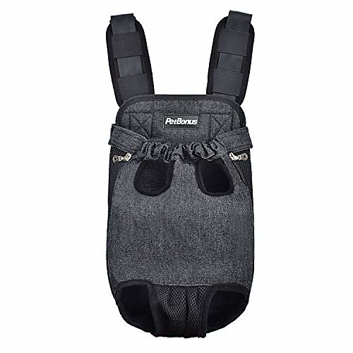 

denim front kangaroo pouch dog carrier, wide straps shoulder pads, adjustable legs out pet puppy backpack carrier walking, travel, hiking, camping, grey, small