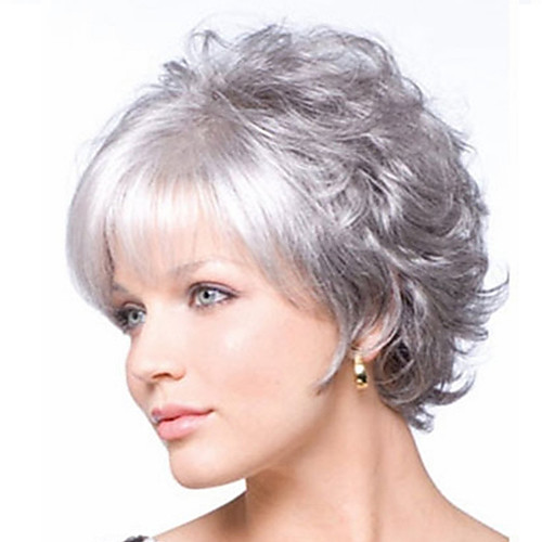 

Synthetic Wig Curly With Bangs Wig Short Silver Synthetic Hair Women's Fashionable Design Exquisite Fluffy Silver