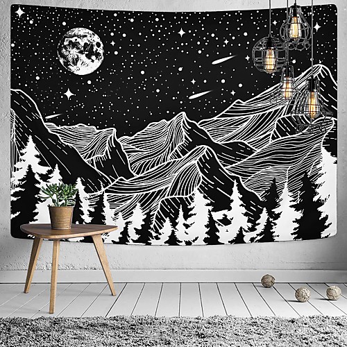 

Sketch Wall Tapestry Art Decor Blanket Curtain Hanging Home Bedroom Living Room Decoration Trippy Mountain Landscape Moon Star Black and White