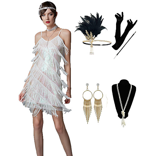 

The Great Gatsby Roaring 20s 1920s Vintage Vacation Dress Flapper Dress Outfits Masquerade Prom Dress Women's Tassel Fringe Costume Golden / Blue / Fuchsia Vintage Cosplay Party Prom / Gloves