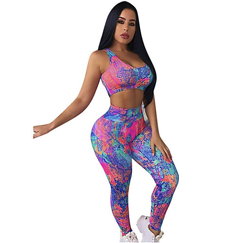 

Women's 2pcs Yoga Suit Open Back Wirefree Tie Dye Blue Yoga Gym Workout Clothing Suit Sleeveless Sport Activewear Butt Lift Stretchy Slim