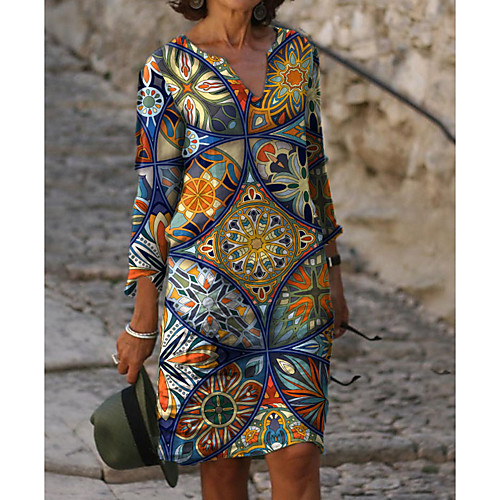 

Women's Sheath Dress Knee Length Dress Rainbow 3/4 Length Sleeve Floral Print Spring & Fall V Neck Hot Elegant vacation dresses 2021 M L XL XXL 3XL