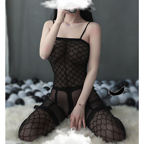 

Women's Mesh Bodysuits Nightwear Solid Colored Black One-Size