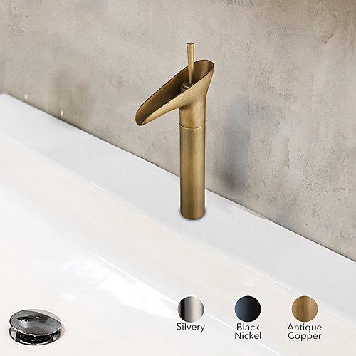 

High Quality Waterfall Bathroom Sink Faucets with Diamond Seal Technology and Drain Assembly Antique Brass Centerset One Handle Bath Taps