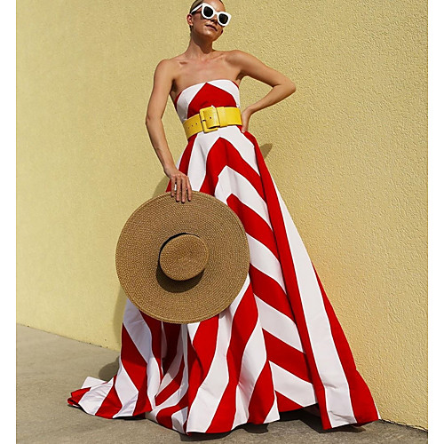 

Women's A Line Dress Maxi long Dress Red Sleeveless Striped Fall Strapless Elegant 2021 S M L XL