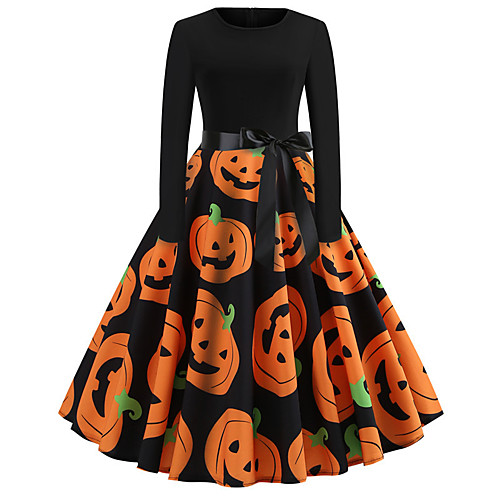 

Women's Halloween A Line Dress Knee Length Dress Blue Purple Orange Long Sleeve Pumpkin Bat Skulls Print Patchwork Bow Print Fall Round Neck Hot Vintage Slim 2021 S M L XL XXL