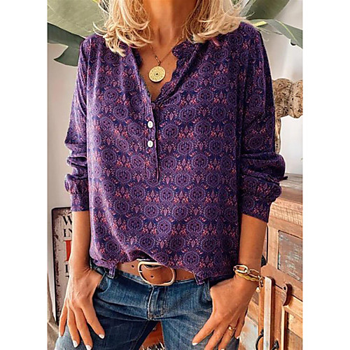 

Women's Blouse Shirt Abstract Long Sleeve Print V Neck Tops Basic Top Purple Red Wine