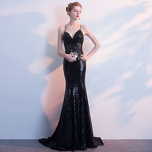 

Mermaid / Trumpet Glittering Beautiful Back Wedding Guest Formal Evening Dress V Neck Sleeveless Sweep / Brush Train Spandex with Sequin 2021