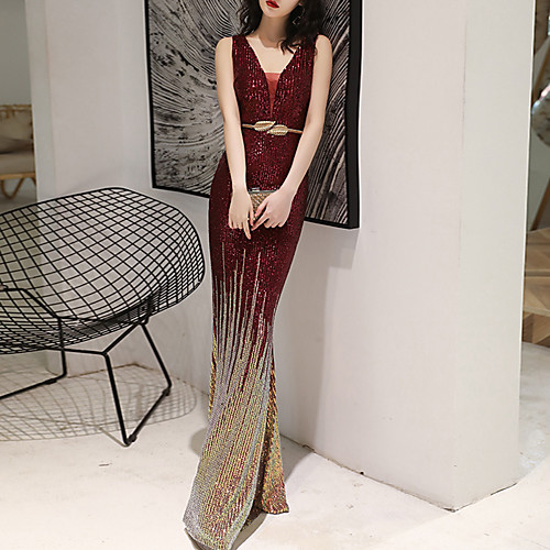 

Mermaid / Trumpet Color Block Sparkle Wedding Guest Formal Evening Dress V Neck Sleeveless Floor Length Sequined with Sash / Ribbon Sequin 2021
