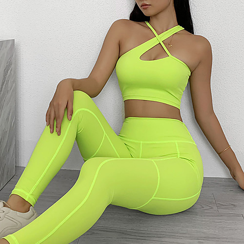 

Women's 2pcs Yoga Suit Winter Side Pockets Ruched Butt Lifting Removable Pad Fashion Black Light Green Blue Nylon Fitness Gym Workout Running High Waist Leggings Bra Top Sport Activewear Tummy