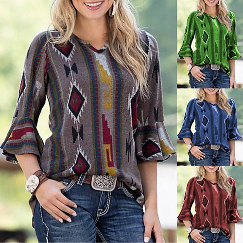 

Women's T shirt Graphic Prints Patchwork Print V Neck Tops Basic Basic Top Blue Wine Green