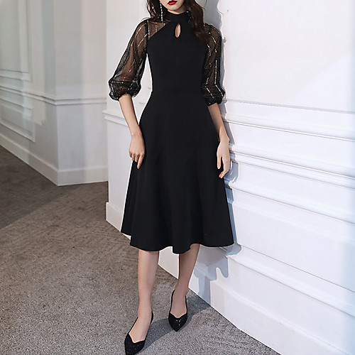 

A-Line Minimalist Vintage Homecoming Cocktail Party Dress High Neck Half Sleeve Knee Length Spandex with Sash / Ribbon 2021