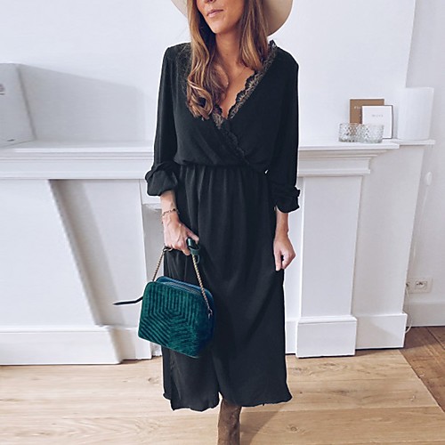 

Women's Shift Dress Maxi long Dress Black Long Sleeve Solid Color Lace Fall V Neck Hot Elegant 2021 S M L XL