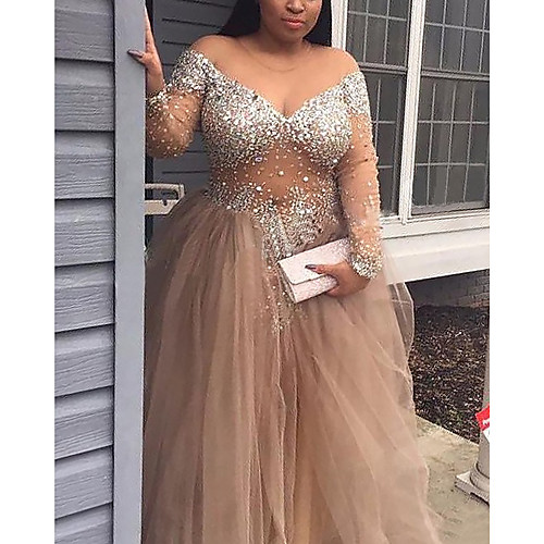 

A-Line Glittering Sexy Engagement Formal Evening Dress V Neck Long Sleeve Floor Length Tulle with Sequin 2021
