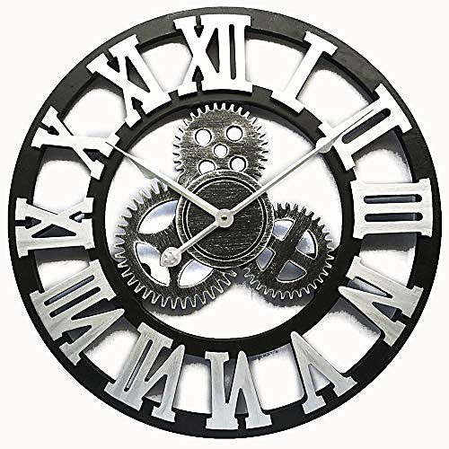 

vintage decorative wall clock large 16inch with industrial gears non ticking home decor clocks,battery operated,metal effect & #40;silver& #41;