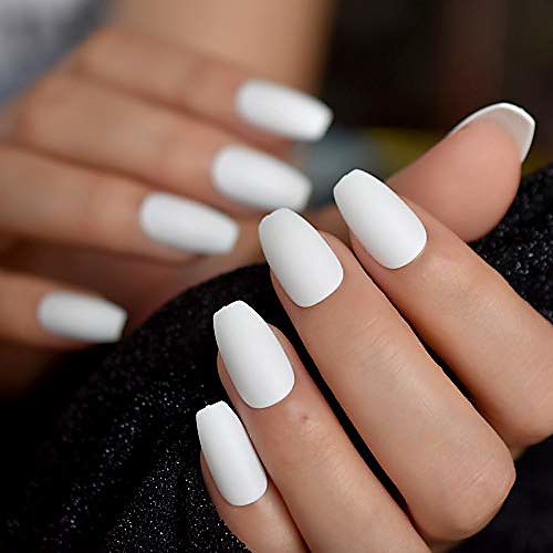 

coffin fake nails matte white frosted press on nails with adhesive tabs medium