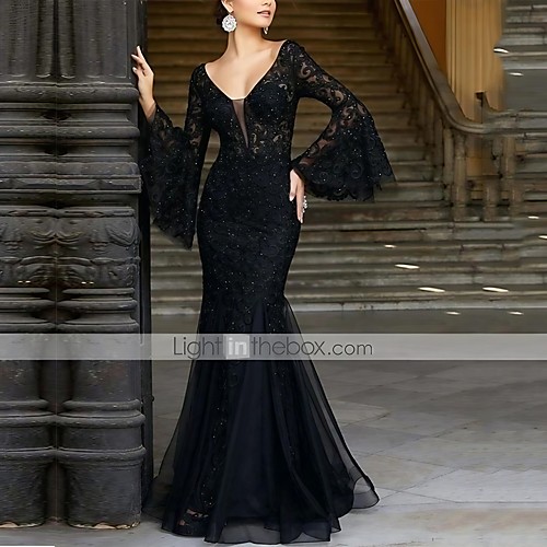 

Women's Trumpet / Mermaid Dress Maxi long Dress Black Long Sleeve Solid Color Embroidered Lace Summer V Neck Sexy 2021 S M L XL