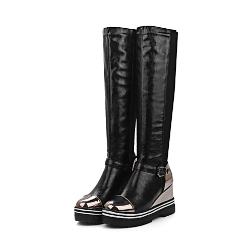 

Women's Boots Riding Boots Wedge Heel Round Toe Knee High Boots Classic Daily PU Color Block Black Red Silver