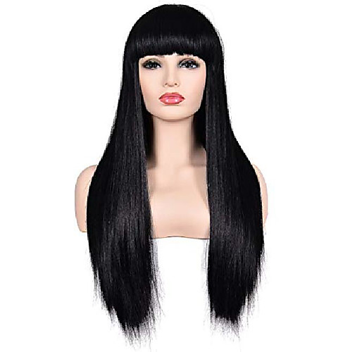 

morvally women's 26 long straight black synthetic resistant hair wigs with bangs natural looking wig for women halloween cosplay