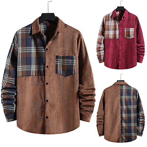

Men's Shirt non-printing Color Block Plus Size Patchwork Long Sleeve Daily Tops Corduroy Elegant Vintage Red Brown