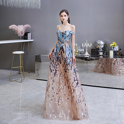 

A-Line Color Block Elegant Prom Formal Evening Dress Off Shoulder Sleeveless Floor Length Sequined with Sequin 2021
