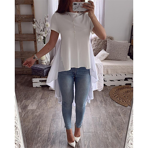 

Women's Blouse Shirt Color Block Patchwork Round Neck Tops Basic Basic Top White Beige