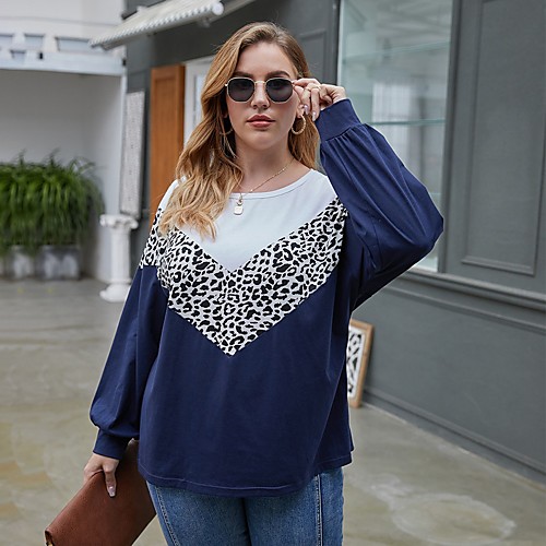 

Women's Plus Size T shirt Color Block Leopard Cheetah Print Long Sleeve Print Round Neck Tops Basic Basic Top Army Green Brown Navy Blue